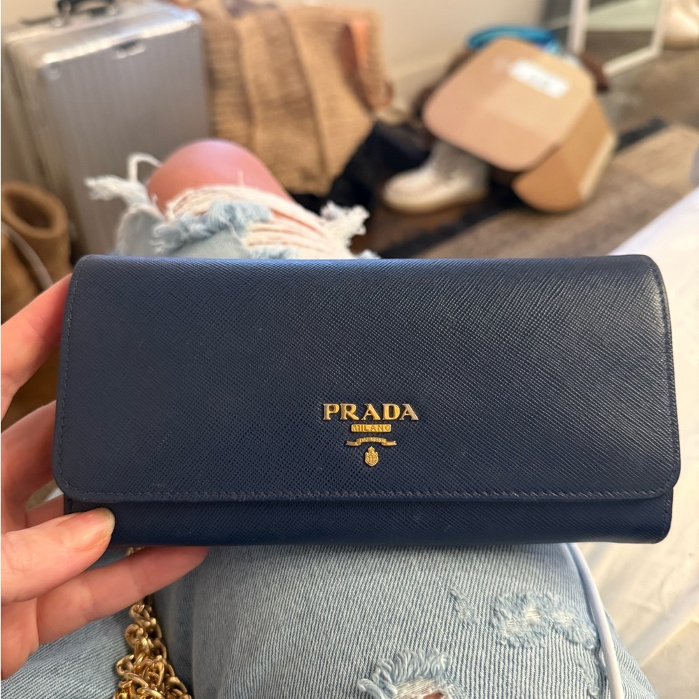 EUC Prada $990 Saffiano Leather Continental Waller blue with Chain & Card Holder - Picture 2 of 16